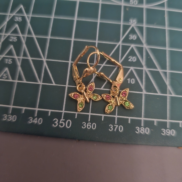 Gold Butterfly Earrings with Red and Green Accents - Picture 6 of 6